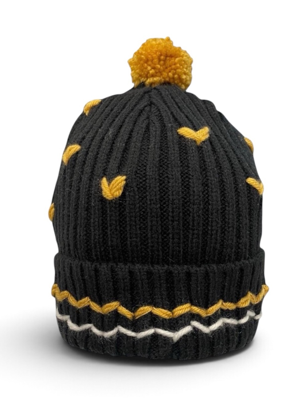 Black Knit Beanie with Gold Hearts and Pom-pom